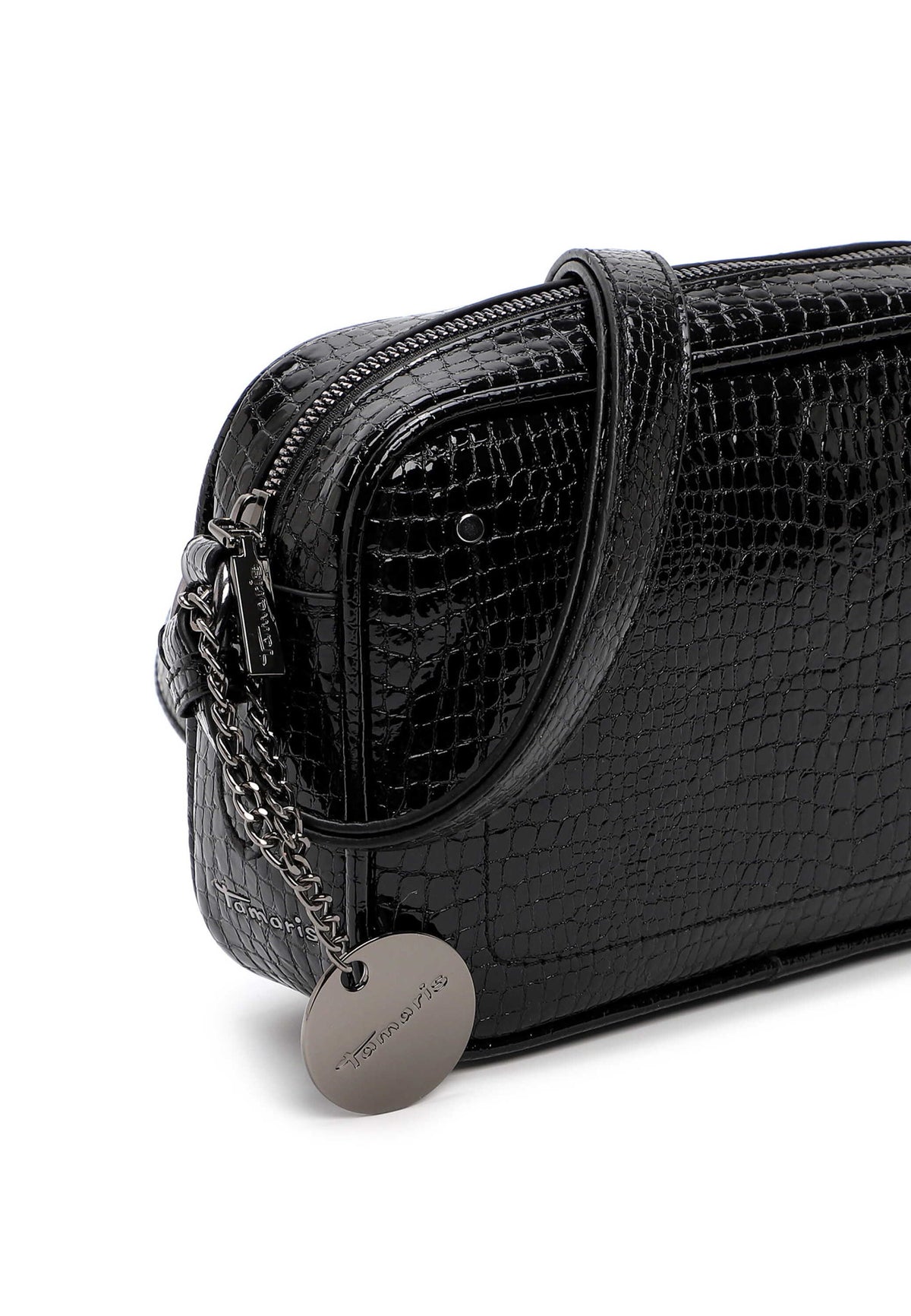 Tamaris Crossbody Marina 34980 Schwarz Snake, Crossbody mit Kokroprägung- Detailansicht Anhänger