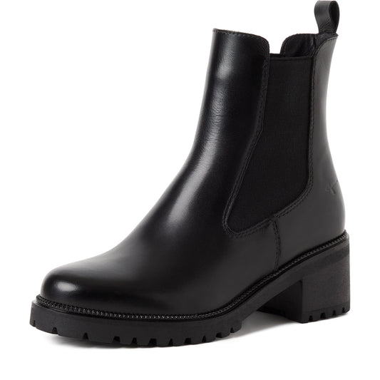 Tamaris Chelsea Boot 25407 Schwarz | Leder Stiefelette mit Blockabsatz – Frontansicht
