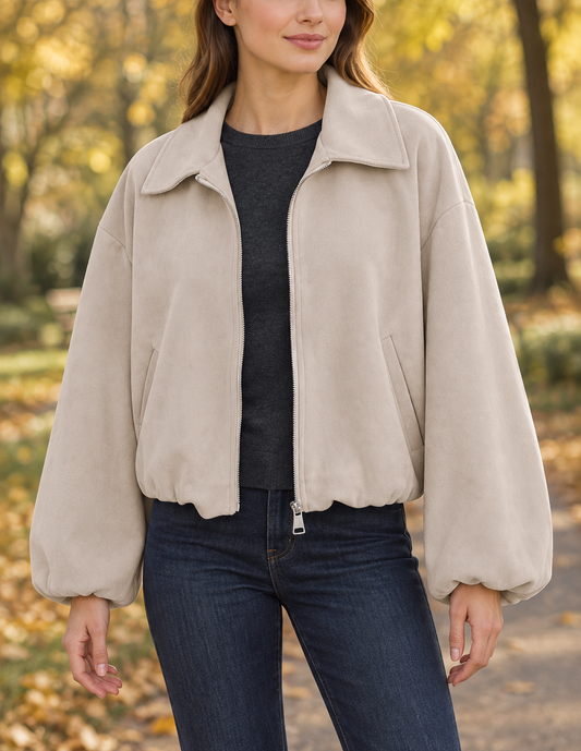 Jacke Hellbeige Wildlederoptik Ballonärmel | Charme Mode 6778