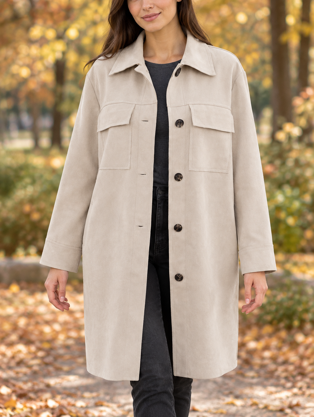 Lange Jacke Hellbeige in Wildlederoptik | Charme Mode 6992