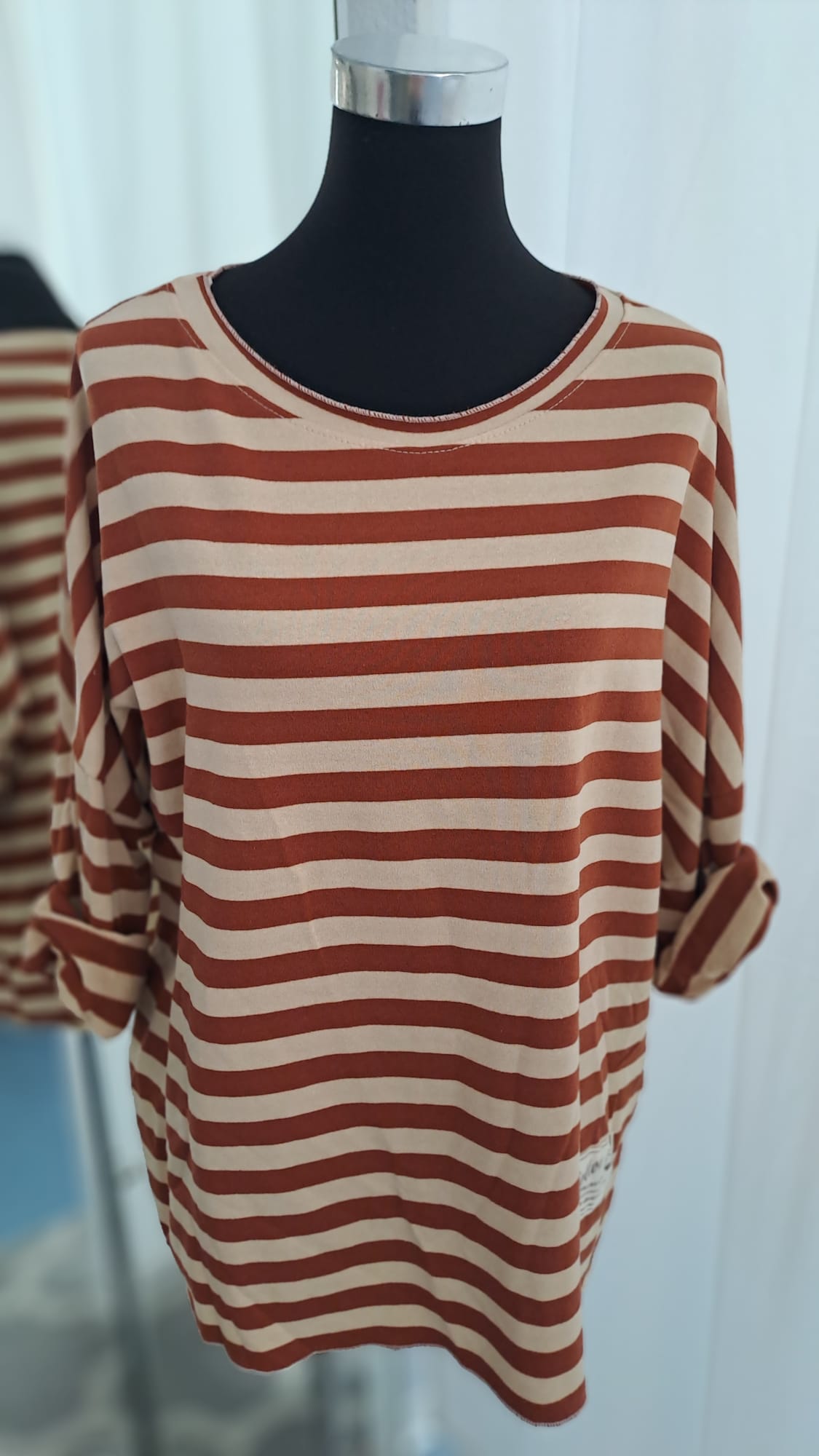 Gestreiftes Langarmshirt Rostbraun Beige | Liping Moda 6850 - Seitenansicht