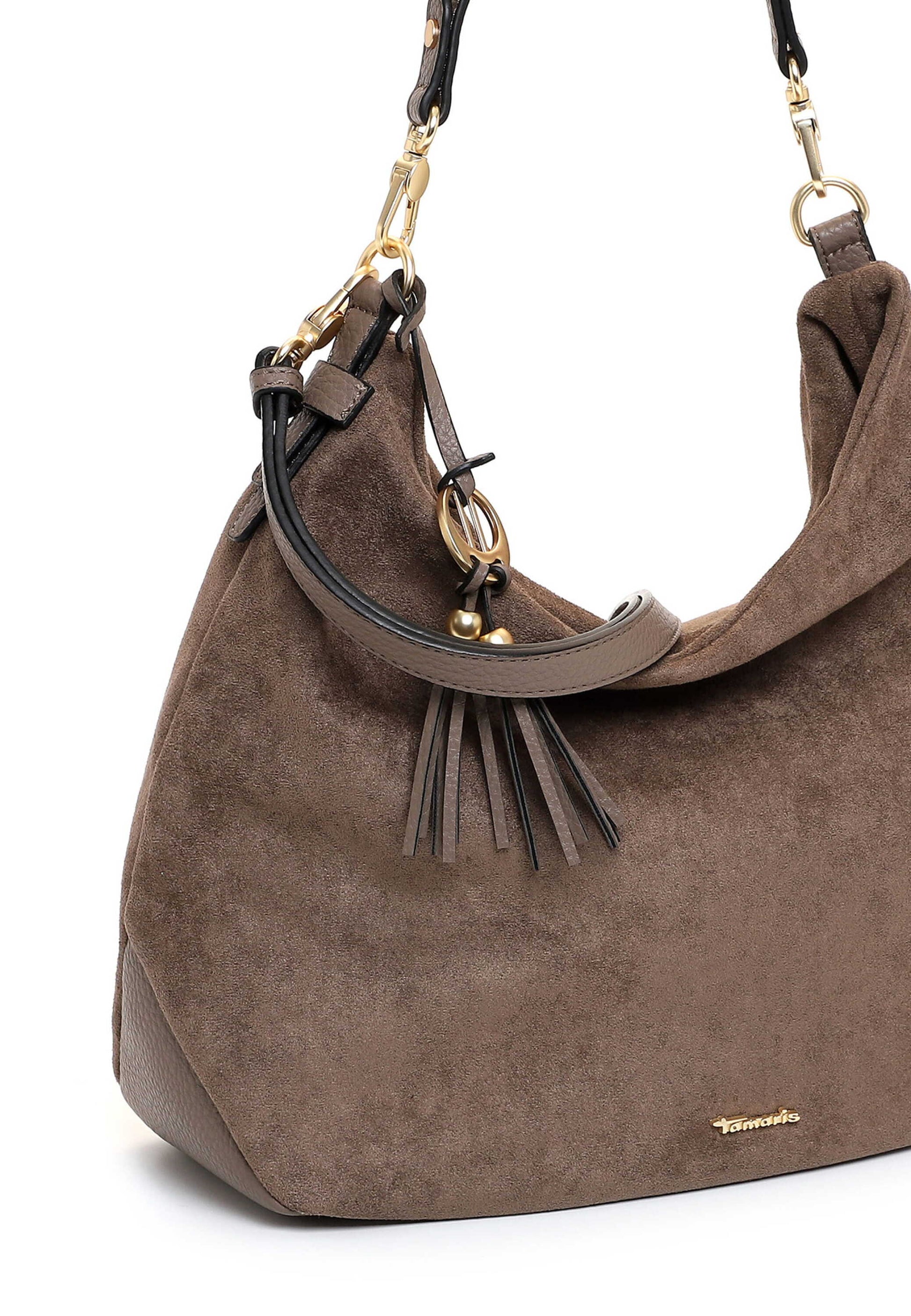 Tamaris Beuteltasche 34882 Taupe - Modern & alltagstauglich Detailansicht Quastenanhänger