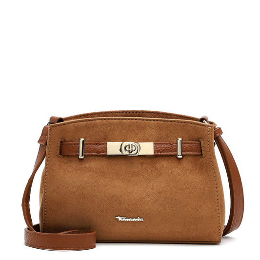 Tamaris Umhängetasche Martina 35020 Cognac, Velour mit Drehverschluss - Vorderansicht