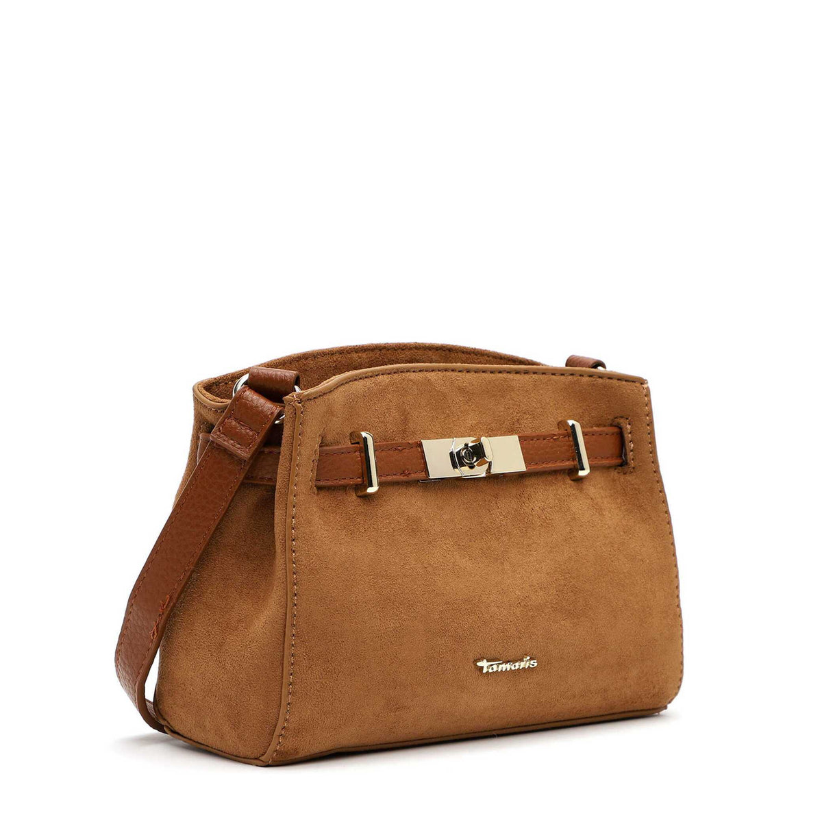 Tamaris Umhängetasche Martina 35020 Cognac, Velour mit Drehverschluss - Seitenansicht