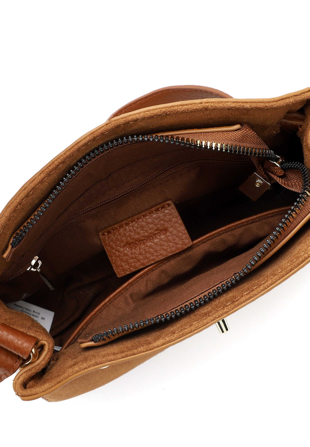 Tamaris Umhängetasche Martina 35020 Cognac, Velour mit Drehverschluss- Detailansicht Innenleben