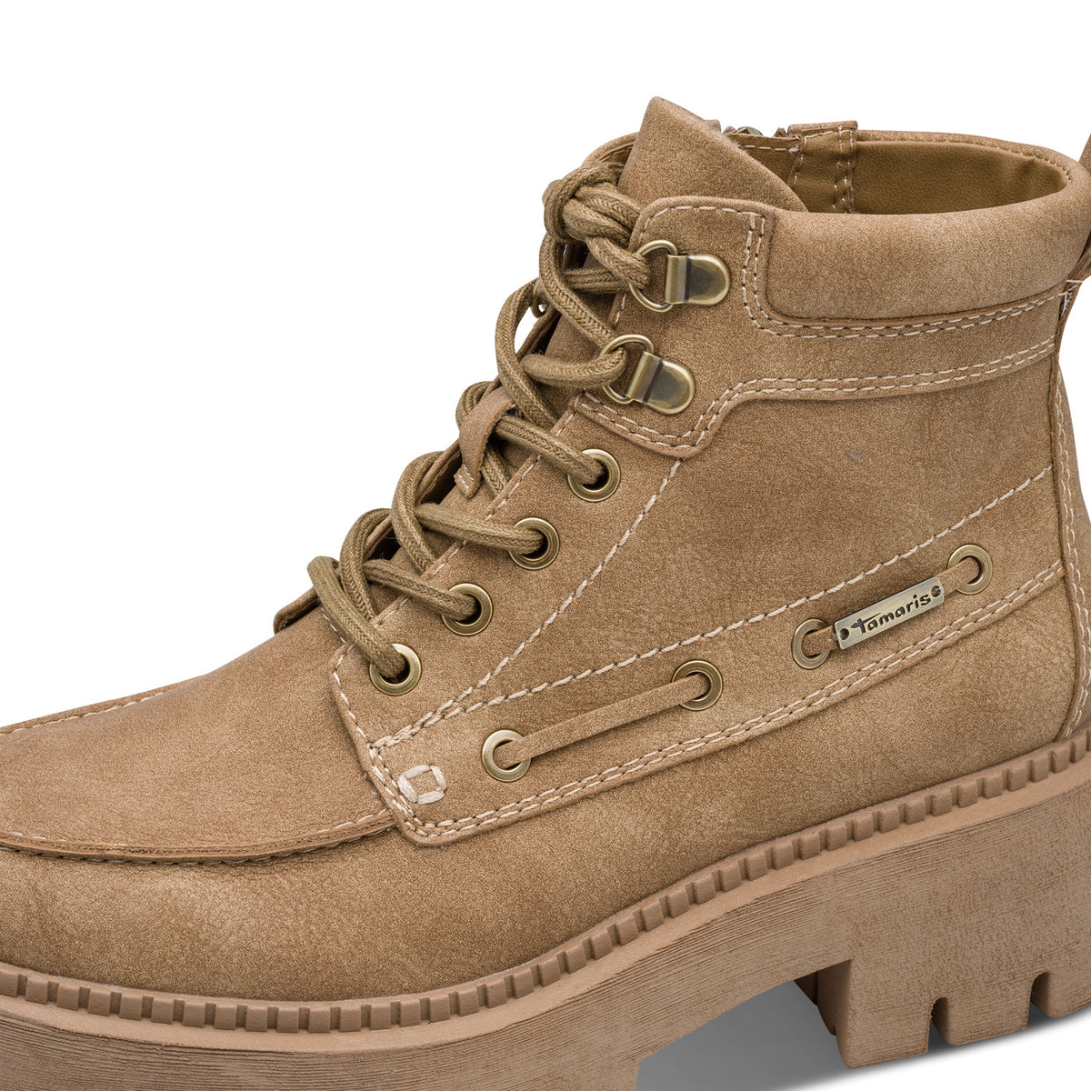 Tamaris Stiefelette 25211 Camel, Veganer Chunky-Boot - Ansicht der Ösen