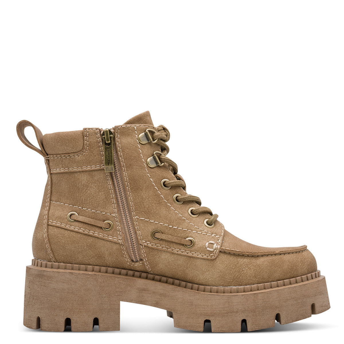 Tamaris Stiefelette 25211 Camel, Veganer Chunky-Boot - Detailansicht Reißverschluss