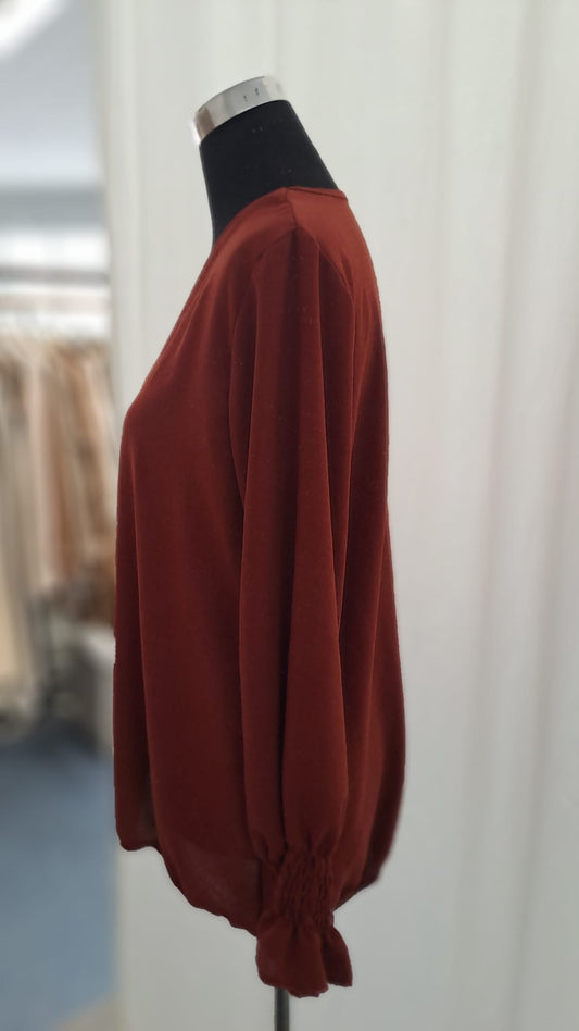 Schlupfbluse Rost | V-Ausschnitt & Gummibund | SM Youngfashion 6909 - Frontansicht