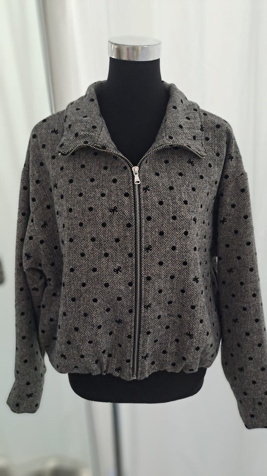 Ballonjacke Grau-Schwarz Fischgrät & Punkte – Liping Moda 6859-Seitenansicht