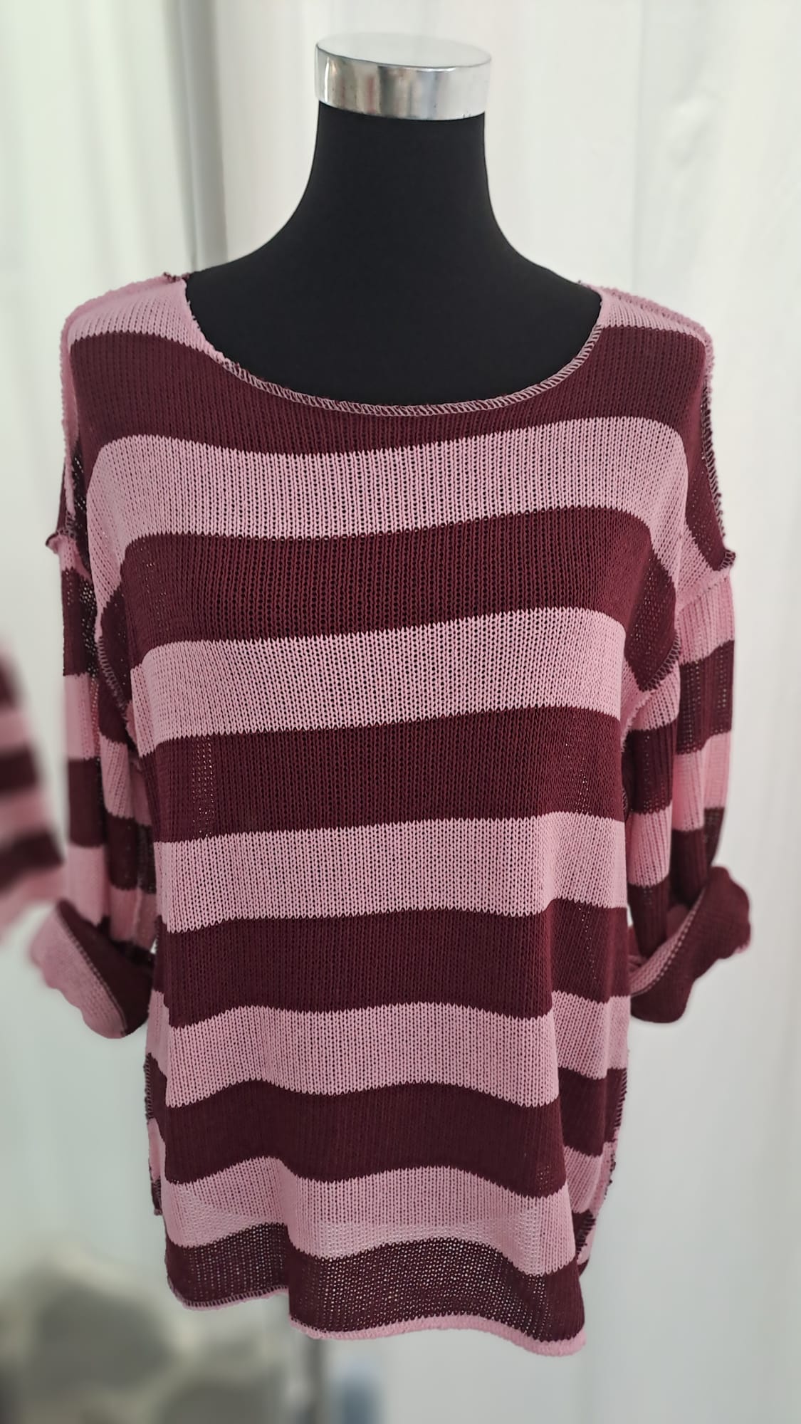 Strickpulli Bordeaux Rosa gestreift - weich und lässig - Charme Mode 6830 - Seitenansicht