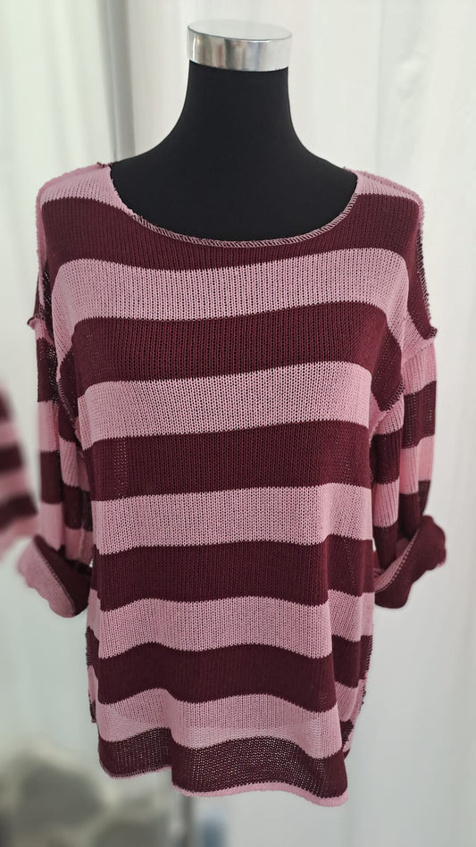 Strickpulli Bordeaux Rosa gestreift - weich und lässig - Charme Mode 6830 - Seitenansicht
