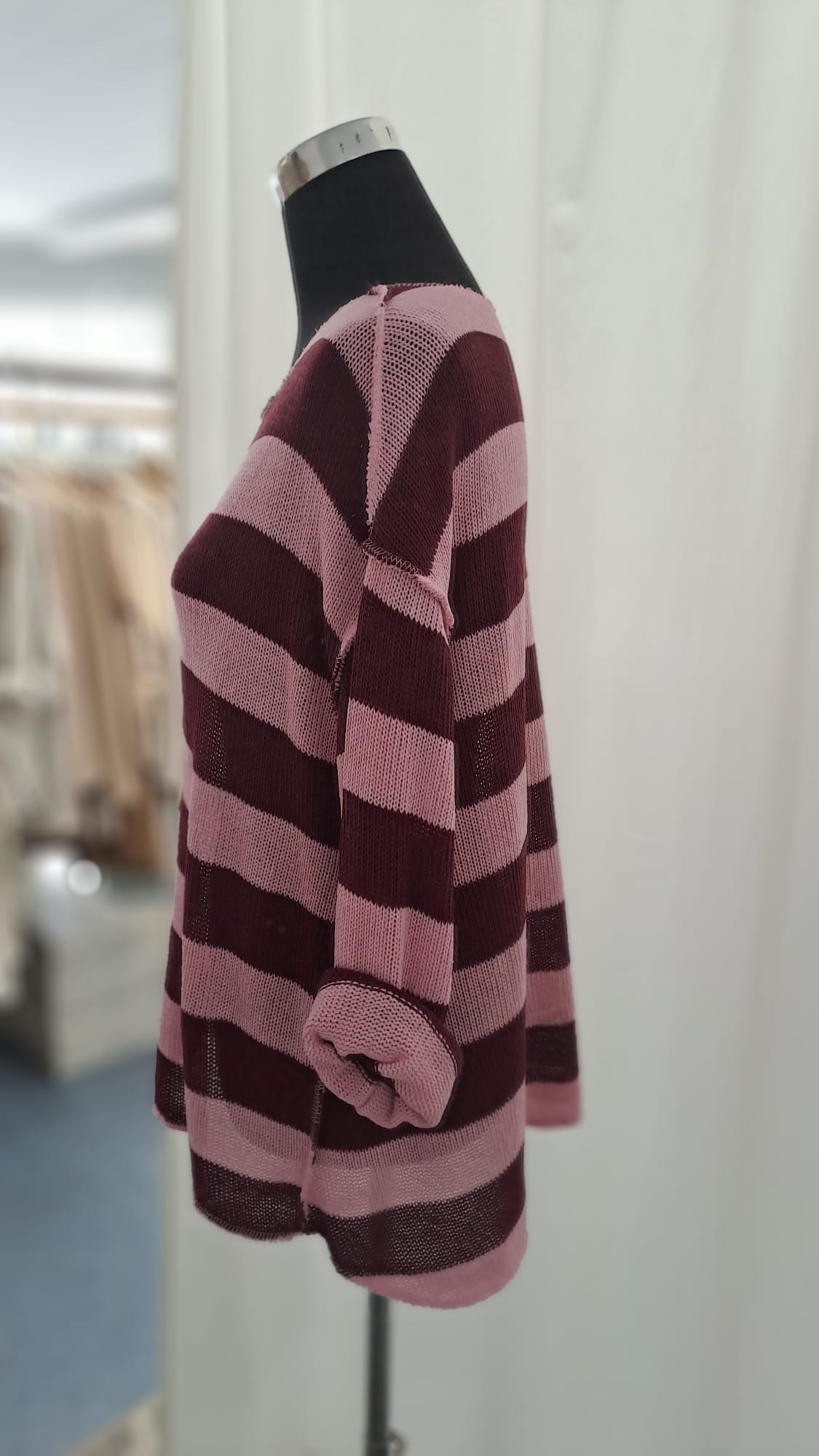 Strickpulli Bordeaux Rosa gestreift - weich und lässig - Charme Mode 6830 - Vorderansicht