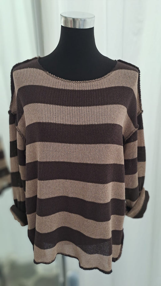 Strickpulli Taupe Mocca gestreift - weich und lässig - Charme Mode 6827 - Seitenansicht