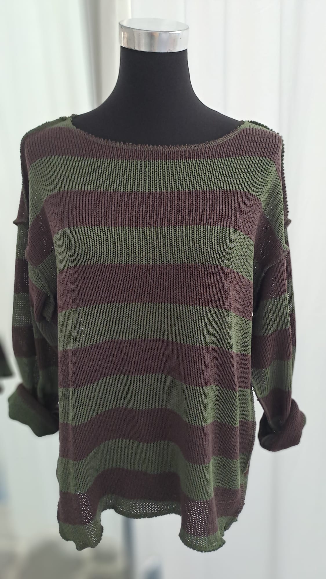 Strickpulli Khaki Mocca gestreift - weich & lässig - Charme Mode 6828 - Vorderansicht