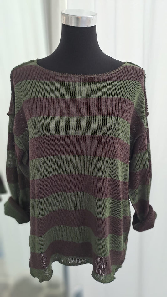 Strickpulli Khaki Mocca gestreift - weich & lässig - Charme Mode 6828 - Vorderansicht
