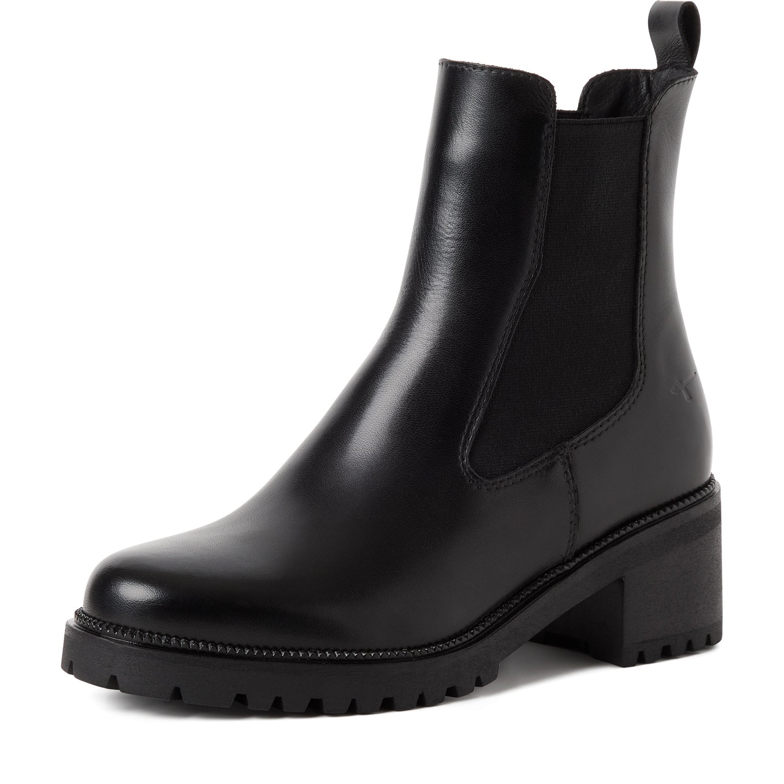 Tamaris Chelsea Boot 25407 Schwarz | Leder Stiefelette mit Blockabsatz – Frontansicht
