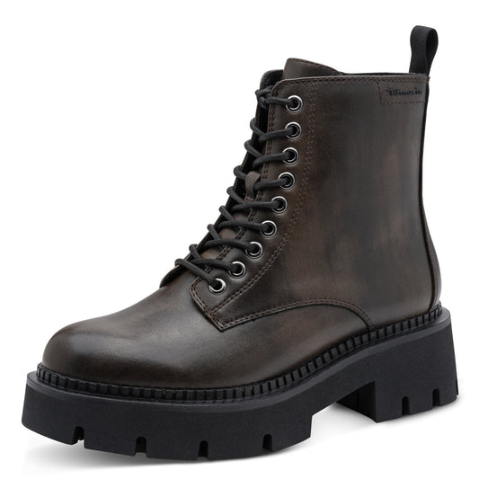 Tamaris Stiefelette 25254 Cigar-Braun | Veganer Schnürboot mit Chunky-Sohle - Frontansicht