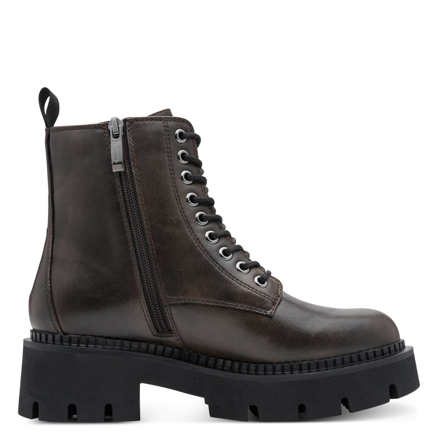 Tamaris Stiefelette 25254 Cigar-Braun | Veganer Schnürboot mit Chunky-Sohle - Detailansicht Reißverschluss