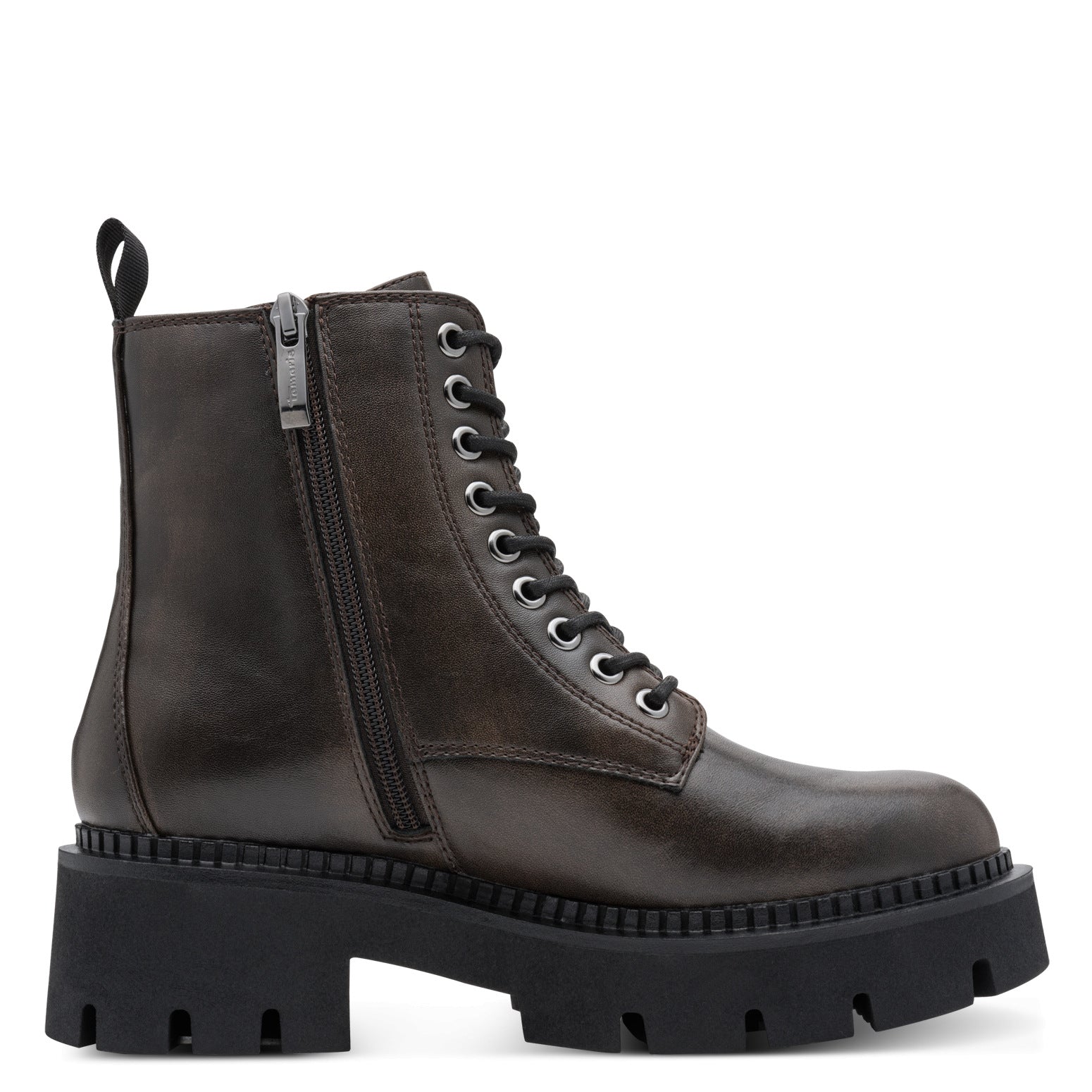 Tamaris Stiefelette 25254 Cigar-Braun | Veganer Schnürboot mit Chunky-Sohle - Detailansicht Reißverschluss