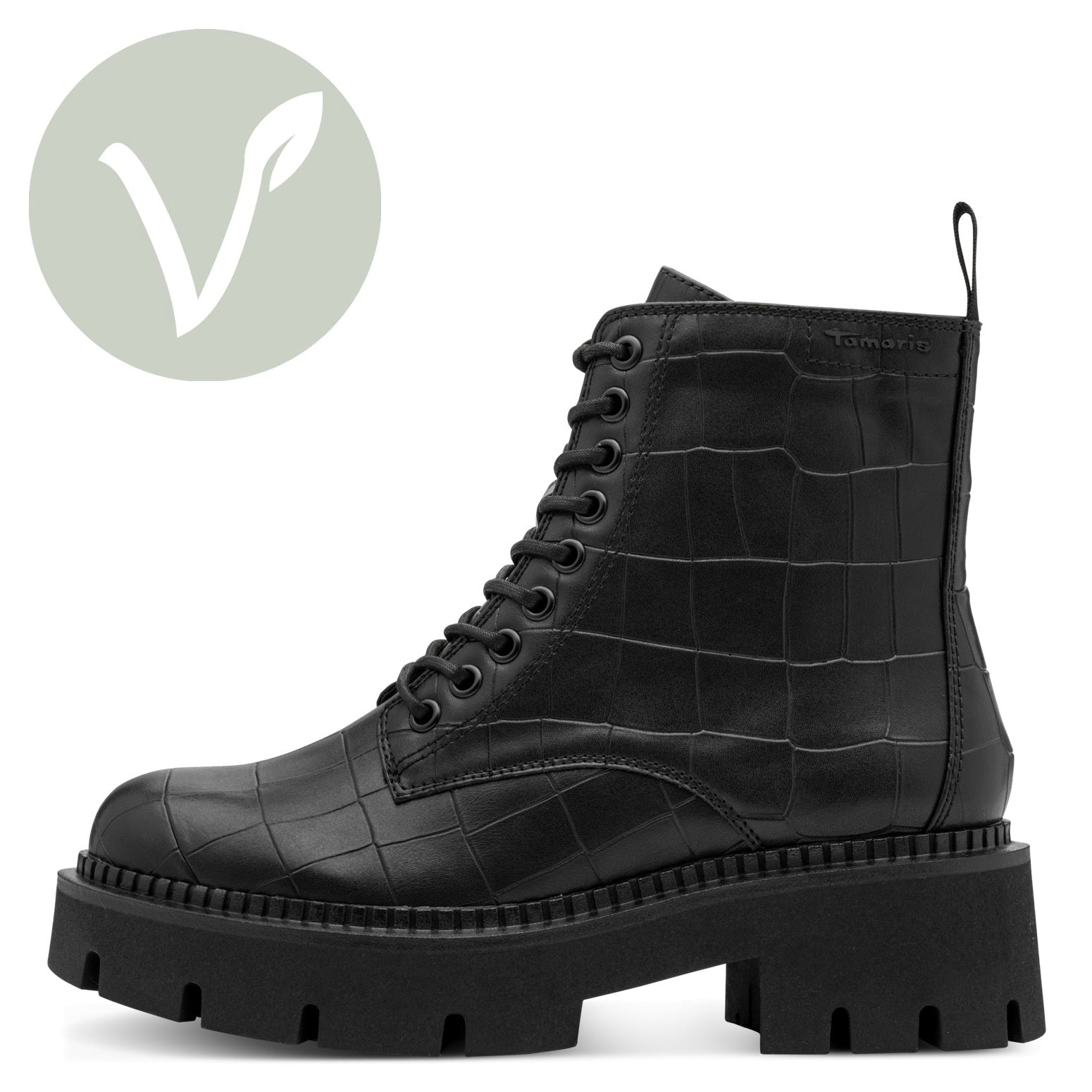 Tamaris Stiefelette 25254 Schwarz Croco | Veganer Schnürboot mit Chunky-Sohle - Seitenansicht