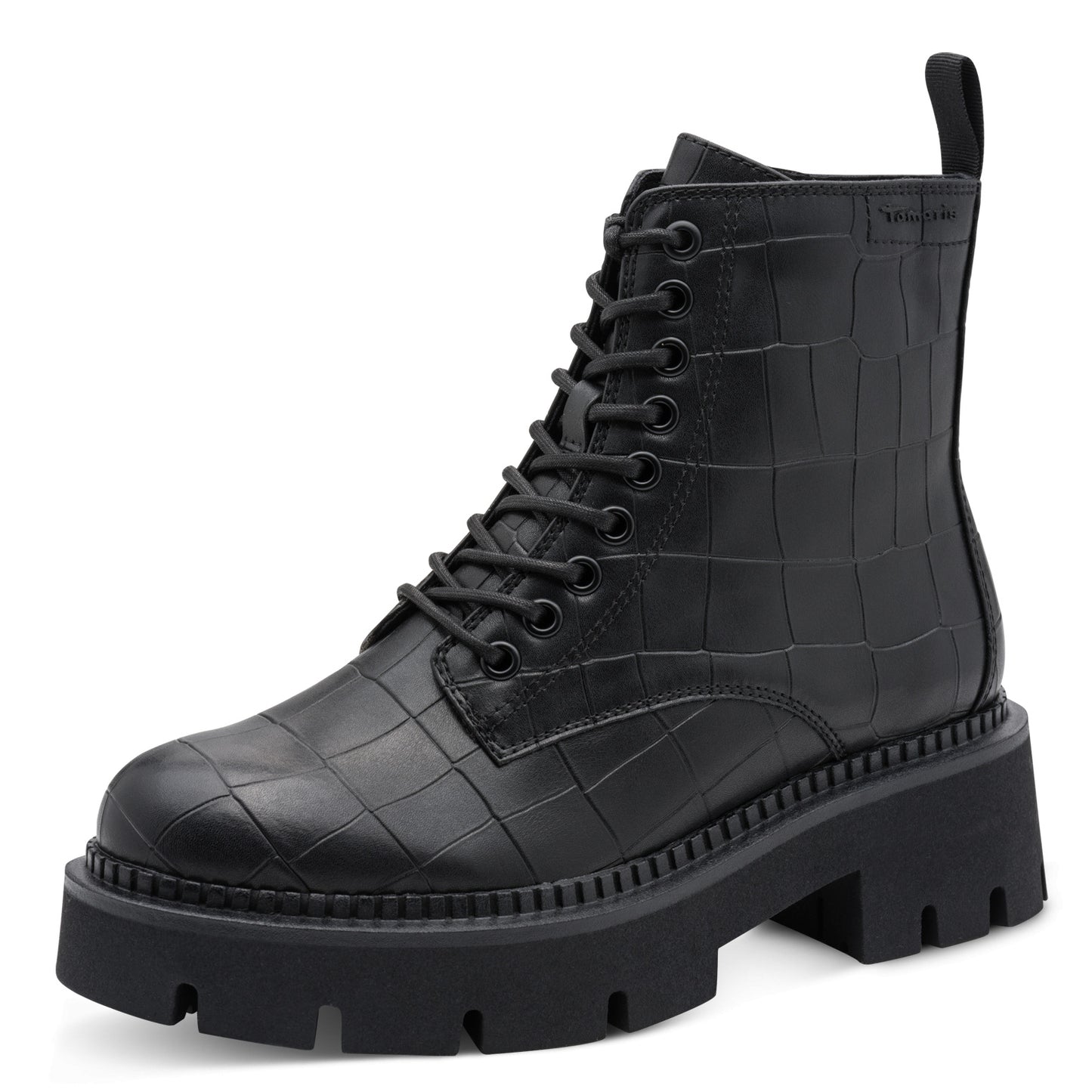 Tamaris Stiefelette 25254 Schwarz Croco | Veganer Schnürboot mit Chunky-Sohle - Frontansicht