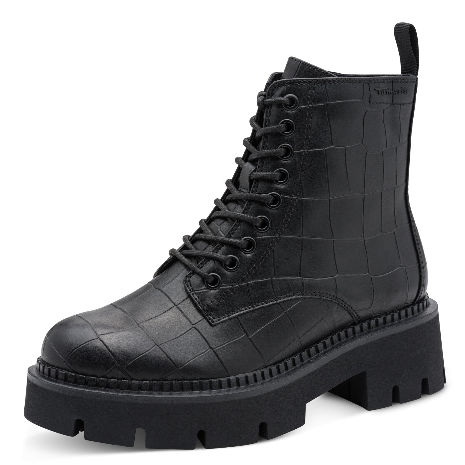 Tamaris Stiefelette 25254 Schwarz Croco | Veganer Schnürboot mit Chunky-Sohle - Frontansicht