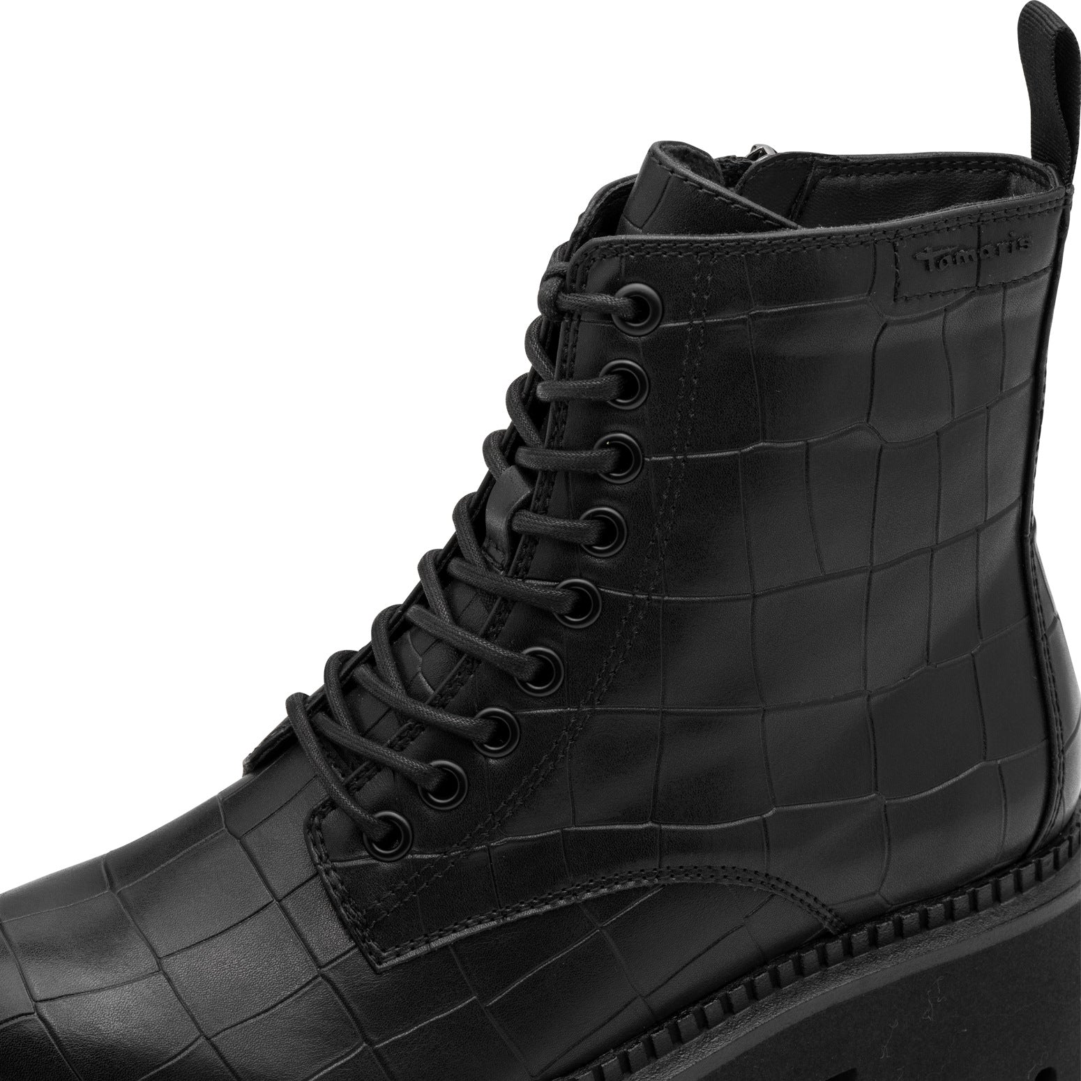 Tamaris Stiefelette 25254 Schwarz Croco | Veganer Schnürboot mit Chunky-Sohle - Detailansicht Schnürung
