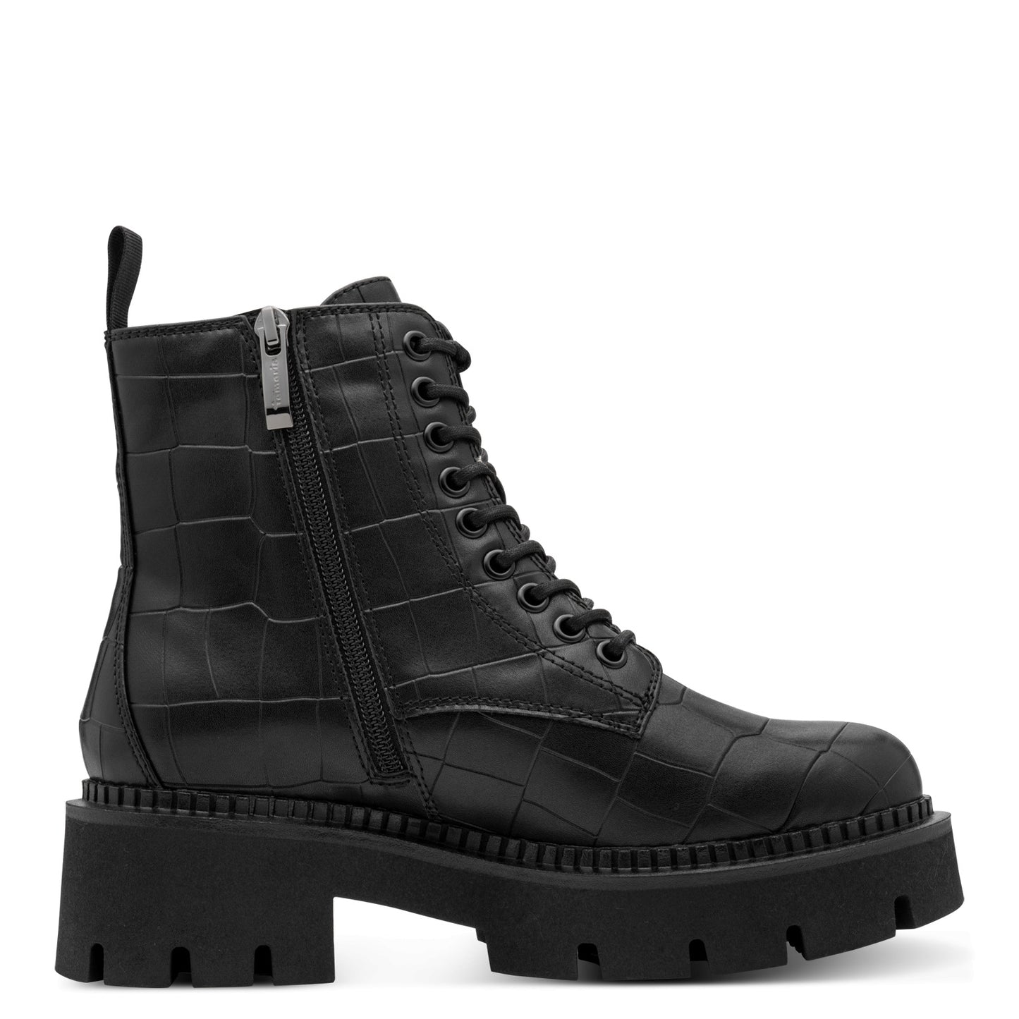 Tamaris Stiefelette 25254 Schwarz Croco | Veganer Schnürboot mit Chunky-Sohle - Detailansicht Reißverschluss
