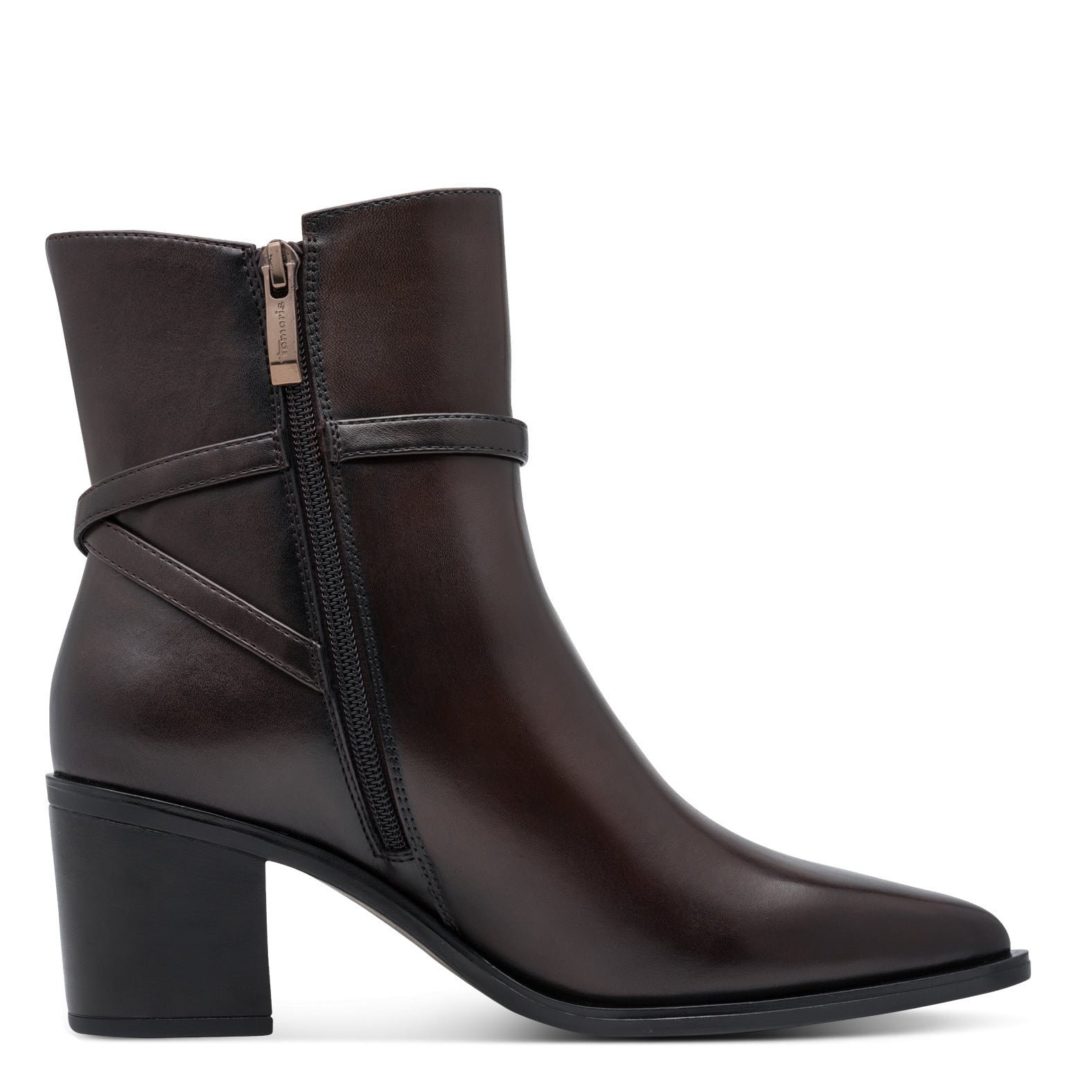 Tamaris Lederstiefelette 25331 Mahogany-Braun - Spitze Form, Fußbett - Detailansicht Reißverschluss