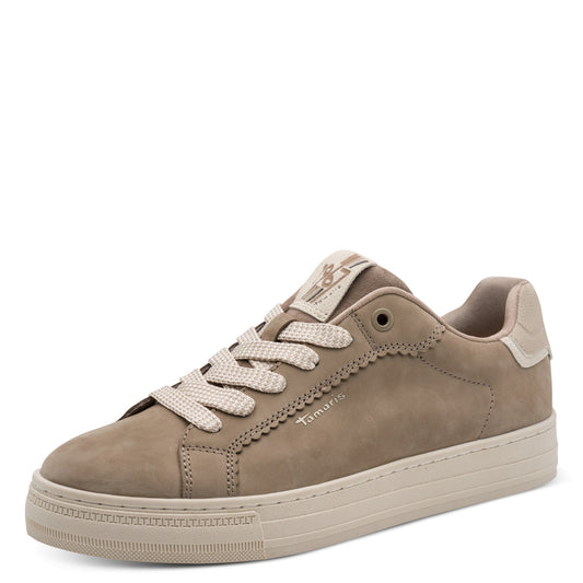 Tamaris Sneaker 23730 Taupe-Beige | Leder Slip-On mit Wechselfußbett - Frontansicht
