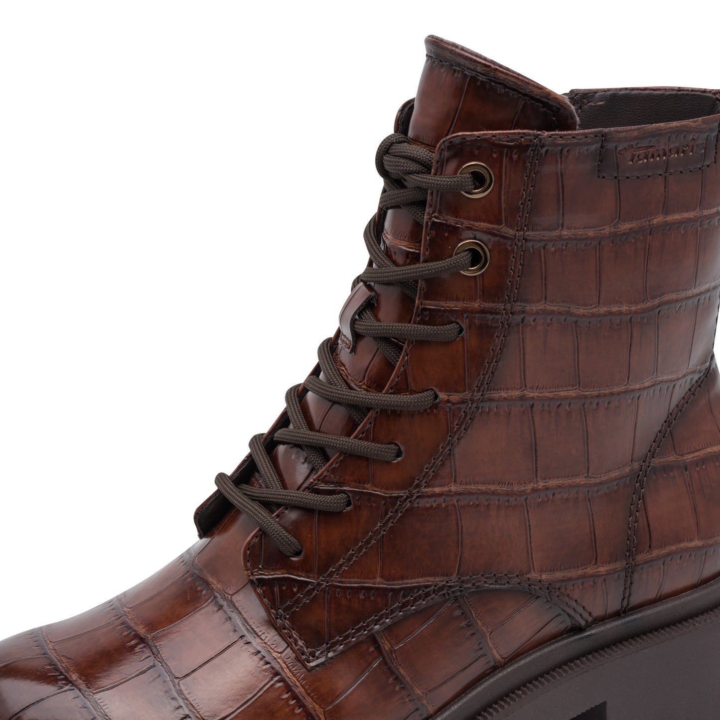 Tamaris Stiefelette 25210 Cognac Croco, Vegan & Touch-it - Detail der Schuhoberfläche